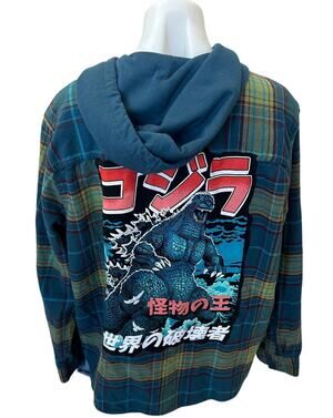 Godzilla Plaid Flannel Hoodie Shirt LARGE Oversized Unique Retro Monster Movie